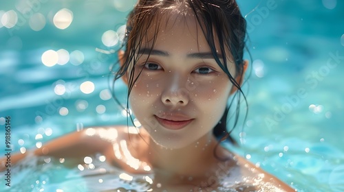 Retreat and vacation Portrait beautiful young asian woman enjoying around outdoor swimming pool in hotel resort Attractive girl relax in summer season : Generative AI