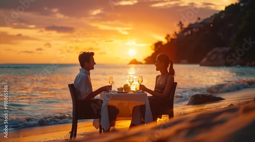 Romantic dinner on the beach in Phuket Thailand couple man and woman mid age Asian woman and European man having dinner on the beach in Thailand during sunset : Generative AI photo