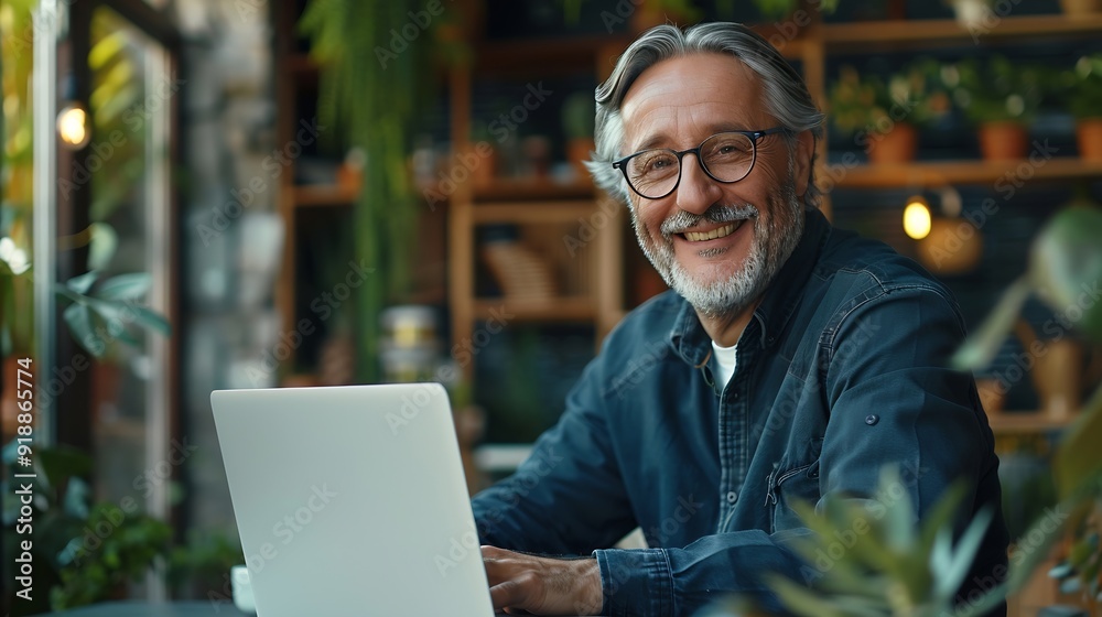 Smiling happy older mature middle aged man wearing eyeglasses looking at computer sitting at table using laptop hybrid working online elearning browsing web searching online at home Ve : Generative AI Smiling happy older mature middle aged man wearing eyeglasses looking at computer sitting at table using laptop hybrid working online elearning browsing web searching online at home Ve : Generative AI