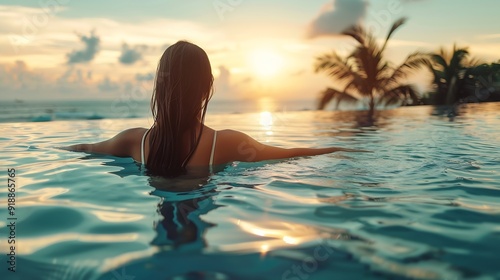 Happy woman in white swimsuit swimming in infinity pool at luxury hotel against ocean front young female enjoy in tropical resort Relaxing summer  travel holiday vacation and weekend c : Generative AI