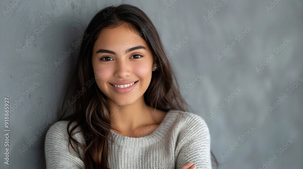 Portrait of a young latin woman with pleasant smile and crossed arms isolated on grey wall with copy space Beautiful girl with folded arms looking at camera against grey wall Cheerful : Generative AI Portrait of a young latin woman with pleasant smile and crossed arms isolated on grey wall with copy space Beautiful girl with folded arms looking at camera against grey wall Cheerful : Generative AI