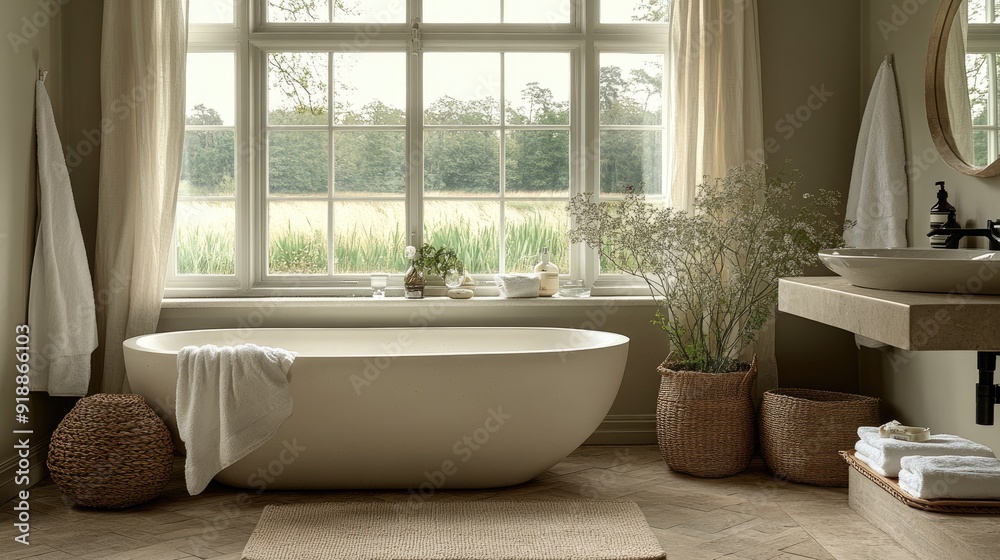 Fototapeta premium Serene bathroom with minimalist decor details.