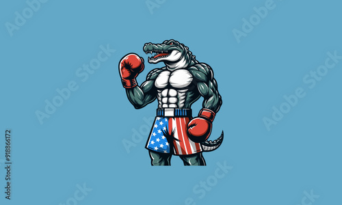 character crocodile wearing boxing gloves and shorts emblazoned with the American flag vector mascot design