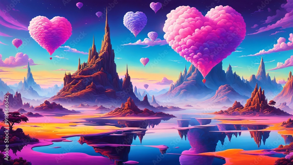 A whimsical, surreal landscape featuring floating heart-shaped balloons and a majestic rocks, creating a dreamy and romantic atmosphere A whimsical, surreal landscape featuring floating heart-shaped balloons and a majestic rocks, creating a dreamy and romantic atmosphere