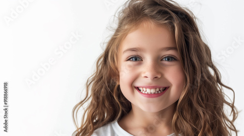 A joyful Caucasian girl smiling and looking at the camera, set against a white background.