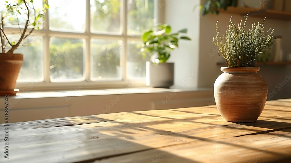 Fototapeta premium Wooden table with retro pedestal of free space for your decoration Kitchen interior with window and sun light Empty space for your decoration : Generative AI