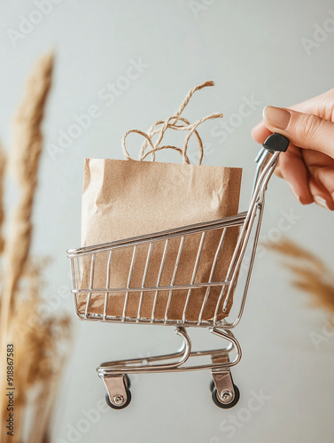 Hand holding cart, use for advertising, postcard or banner.
