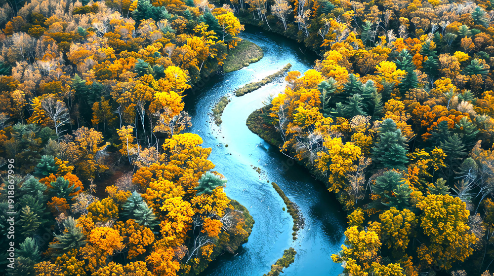 High-resolution drone image of a meandering river through autumn forest, vibrant colors High-resolution drone image of a meandering river through autumn forest, vibrant colors