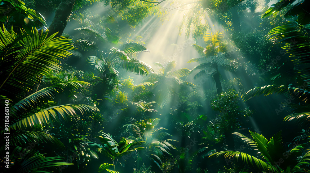 Fototapeta premium Hyper-detailed capture of a lush rainforest canopy, sunlight streaming through 