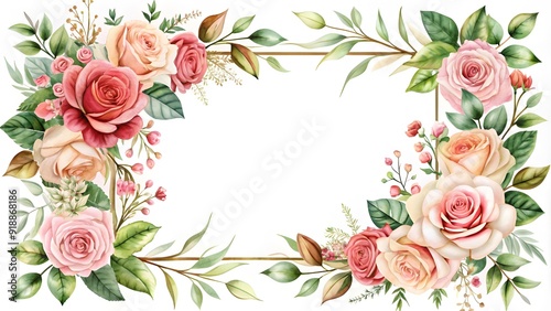 Floral frame with roses and decorative leaves. Watercolor wedding, invitation design. Floral elements, botanic watercolor.