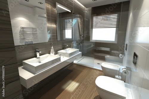 The modern bathroom has a sink under the mirror near the toilet bidet and shower cabin