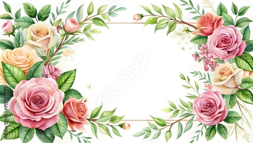 Floral frame with roses and decorative leaves. Watercolor wedding, invitation design. Floral elements, botanic watercolor.