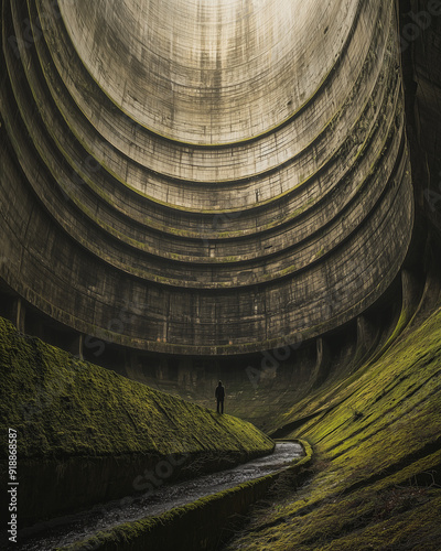 Person Standing Inside an Enormous Circular Structure with Mossy Ground