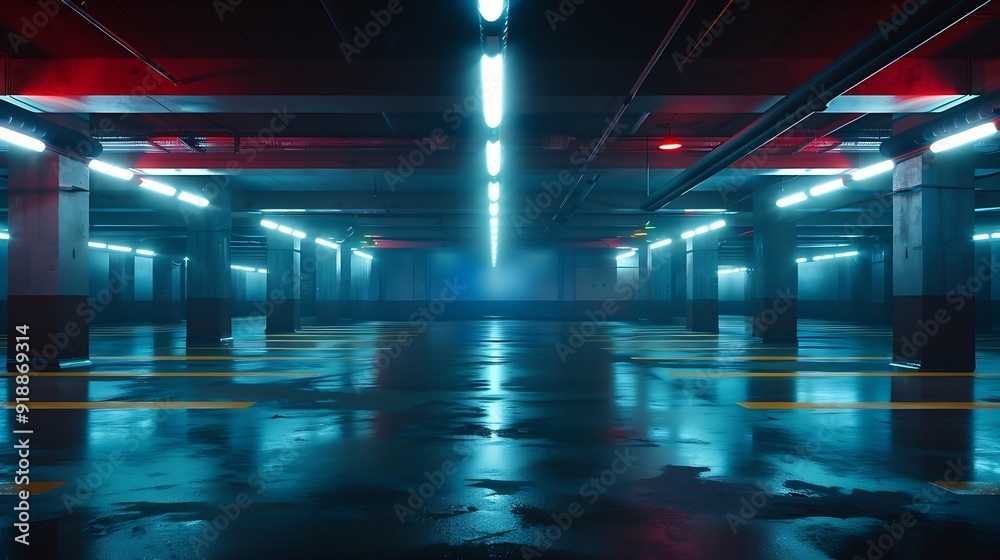 Sci fi looking dark and moody underground parking lot with fluorescent lights on Long hall : Generative AI Sci fi looking dark and moody underground parking lot with fluorescent lights on Long hall : Generative AI