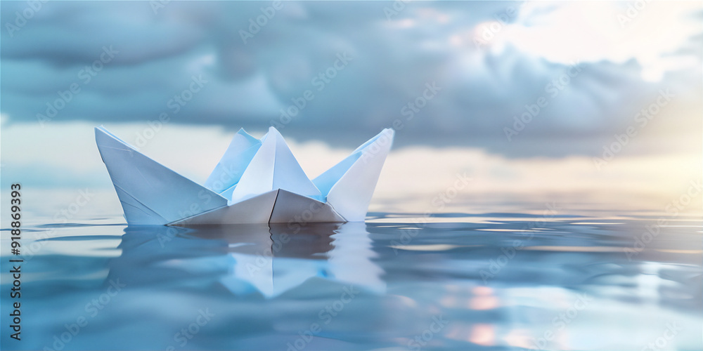 Obraz premium origami paper ship on water with sky background, version 2