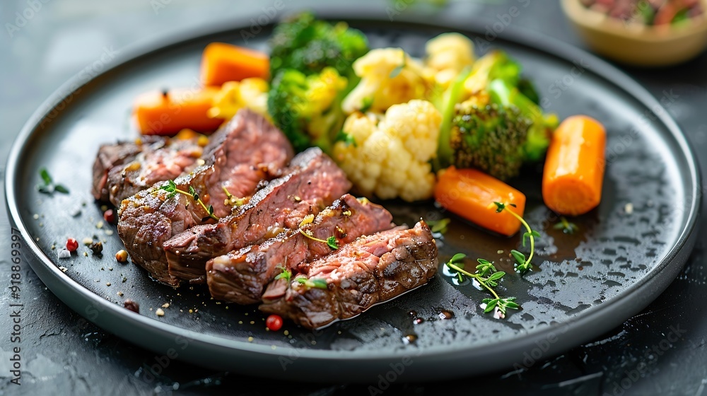 Delicious fresh beef and vegetables carrots broccoli cauliflower on a black plate on a dark concrete background : Generative AI