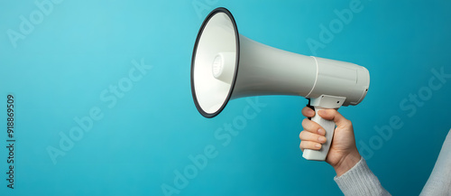 A Person Holding a Megaphone Against a Blue Background with Enthusiastic Expression