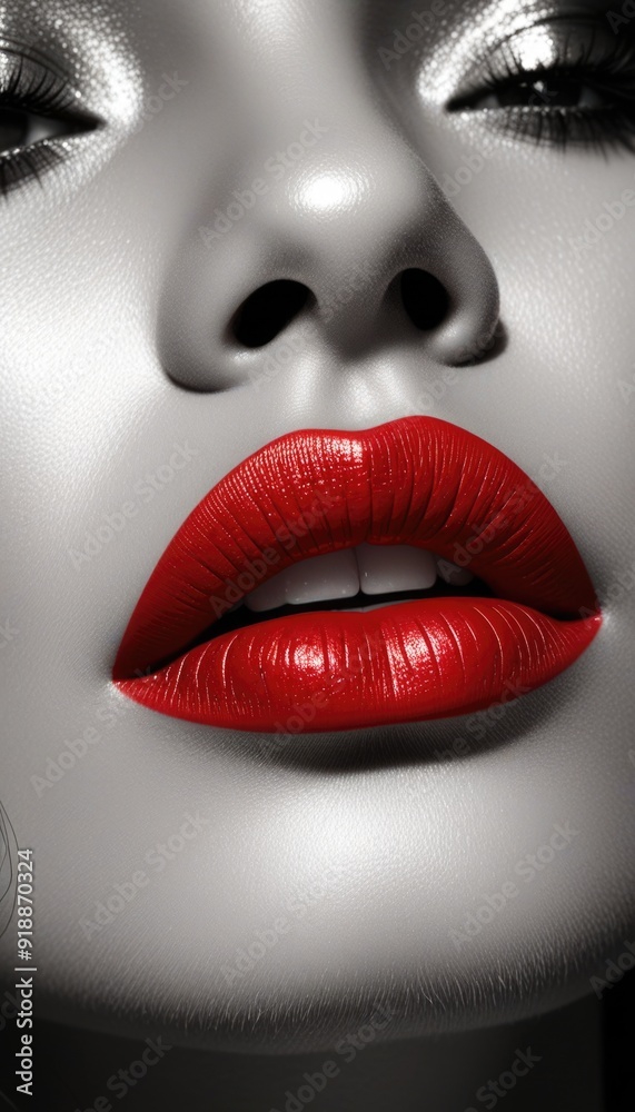 Fototapeta premium Close-up of woman's face with vibrant red glossy lips and metallic silver eyeshadow, black and white skin tone, high contrast beauty shot