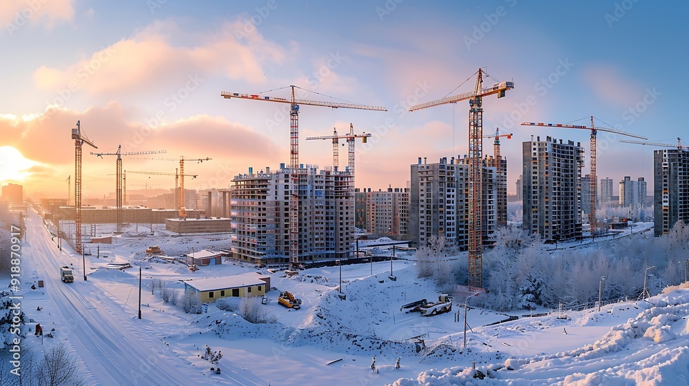 Construction of a new neighborhood Winter Panoramic view of a snowcovered construction site with many construction cranes against the cold sky Copy space : Generative AI Construction of a new neighborhood Winter Panoramic view of a snowcovered construction site with many construction cranes against the cold sky Copy space : Generative AI