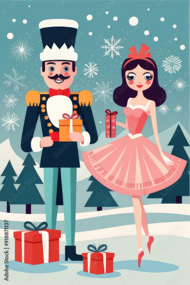 Retro aesthetic greeting card with nutcracker and ballerina with Christmas snow scene winter landscape. Retro aesthetic greeting card with nutcracker and ballerina with Christmas snow scene winter landscape.