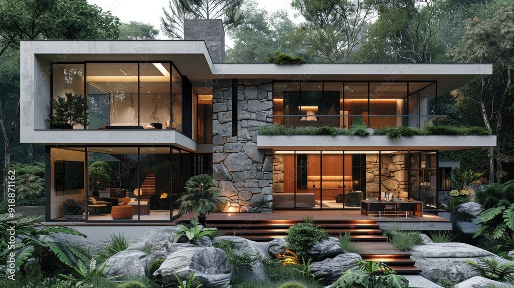 modern house in the forest, two floors with a terrace and stairs modern house in the forest, two floors with a terrace and stairs