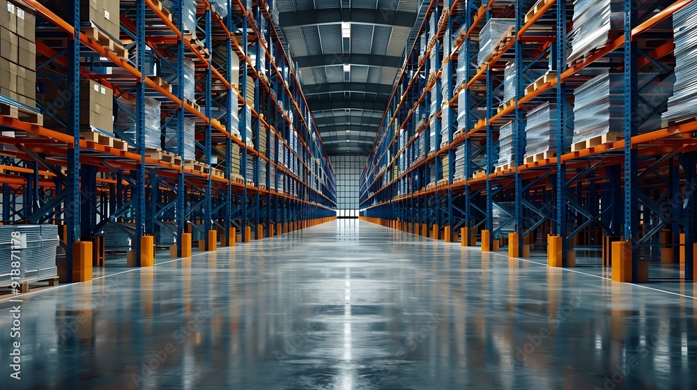 Fototapeta premium Interior of huge empty storehouse Industrial warehouse racking : Generative AI