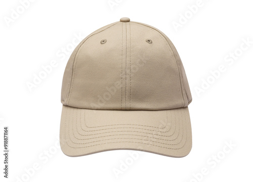 Front view of beige baseball caps mockup on white background, with space for your logo or design. Mock-up for branding.