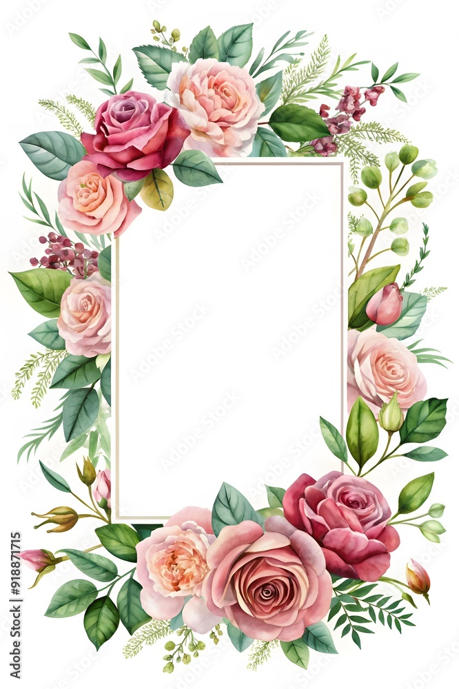 Ready to use Card. Watercolor invitation design with roses, leaves. flower and watercolor background. Floral elements, botanic watercolor illustration. Template for wedding frame Ready to use Card. Watercolor invitation design with roses, leaves. flower and watercolor background. Floral elements, botanic watercolor illustration. Template for wedding frame