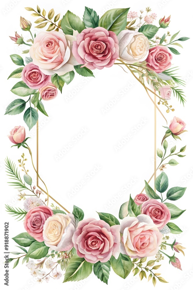 Ready to use Card. Watercolor invitation design with roses, leaves. flower and watercolor background. Floral elements, botanic watercolor illustration. Template for wedding frame Ready to use Card. Watercolor invitation design with roses, leaves. flower and watercolor background. Floral elements, botanic watercolor illustration. Template for wedding frame