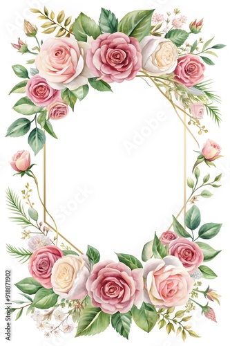 Ready to use Card. Watercolor invitation design with roses, leaves. flower and watercolor background. Floral elements, botanic watercolor illustration. Template for wedding frame