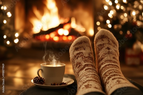 Wallpaper Mural Woman relaxing by Christmas fireplace with a cup of hot drink feet in wool socks Cozy winter holiday atmosphere Torontodigital.ca