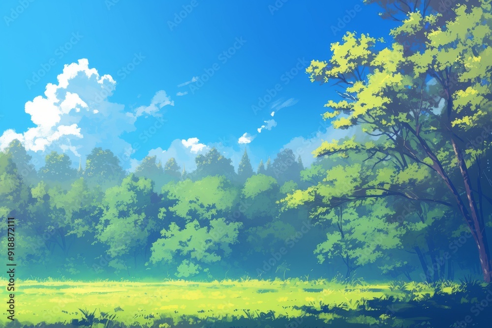 Anime style illustration of green forest and field under bright blue sky with fluffy white clouds Anime style illustration of green forest and field under bright blue sky with fluffy white clouds