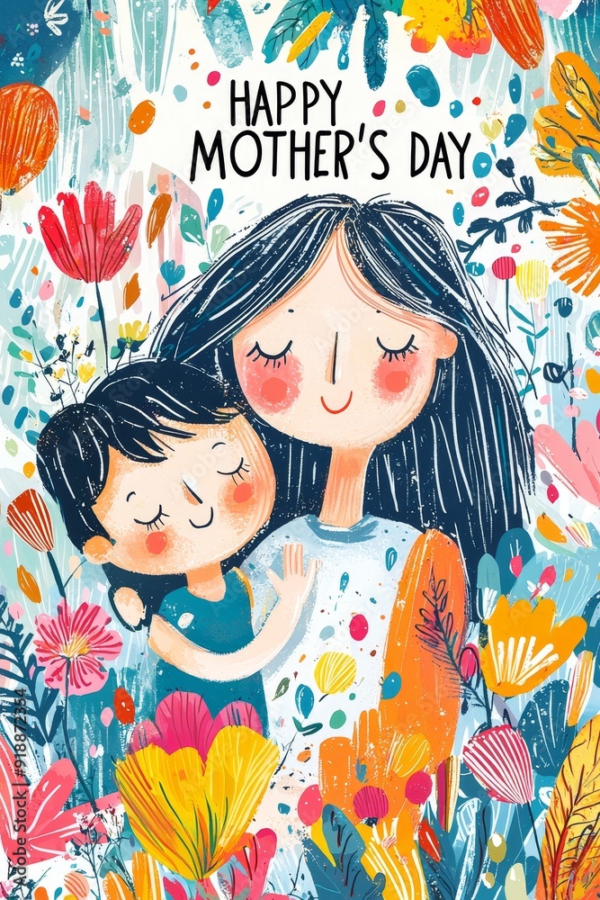Whimsical Happy Mother’s Day card featuring mother hugging child with vibrant colorful floral background in playful style Whimsical Happy Mother’s Day card featuring mother hugging child with vibrant colorful floral background in playful style