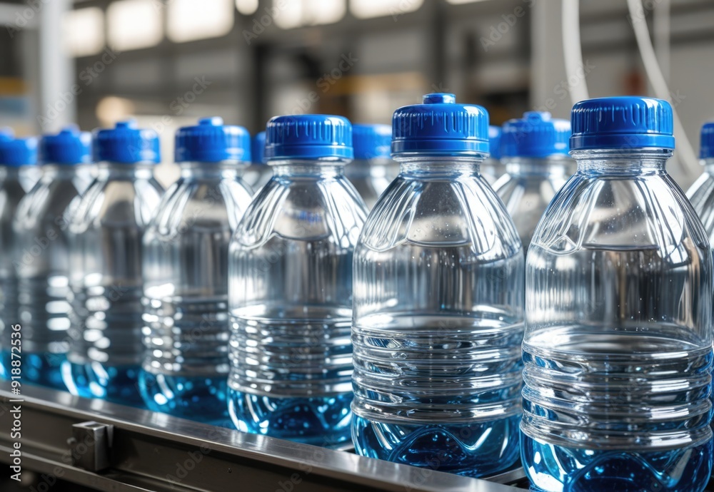 Row of plastic water bottles on a factory production line, showcasing automated beverage manufacturing and fresh bottled mineral liquid Row of plastic water bottles on a factory production line, showcasing automated beverage manufacturing and fresh bottled mineral liquid