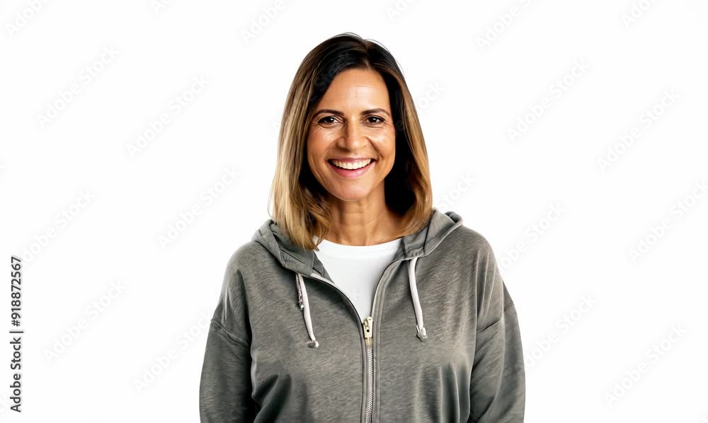 Medium shot portrait video of a grinning woman in her 40s wearing a comfortable tracksuit against a white background Medium shot portrait video of a grinning woman in her 40s wearing a comfortable tracksuit against a white background