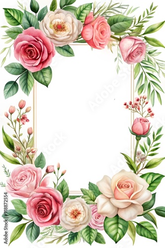 Ready to use Card. Watercolor invitation design with roses, leaves. flower and watercolor background. Floral elements, botanic watercolor illustration. Template for wedding frame