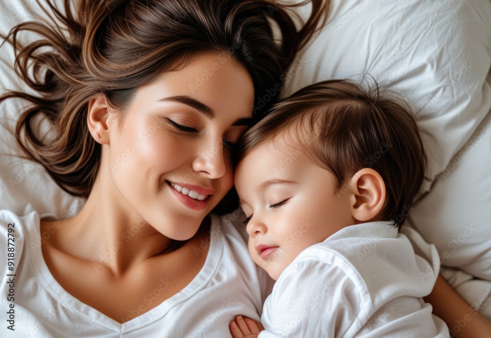 Top view of a beautiful young brunette mother smiling at her toddler son, both lying and sleeping together on the bed. Motherhood concept Top view of a beautiful young brunette mother smiling at her toddler son, both lying and sleeping together on the bed. Motherhood concept