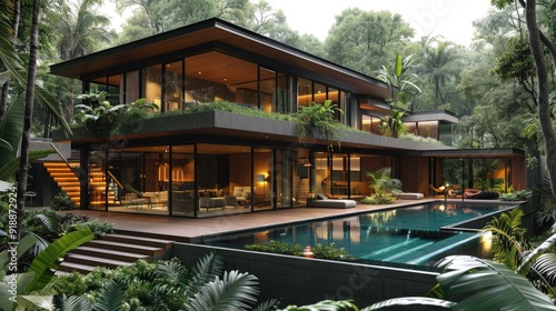 modern house in the jungle, concrete walls, green roof with plants, lots of windows