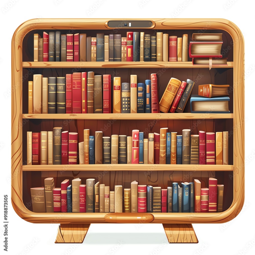 Wooden bookshelf filled with colorful books, showcasing a variety of literary works and enriching the space with knowledge and charm. Wooden bookshelf filled with colorful books, showcasing a variety of literary works and enriching the space with knowledge and charm.