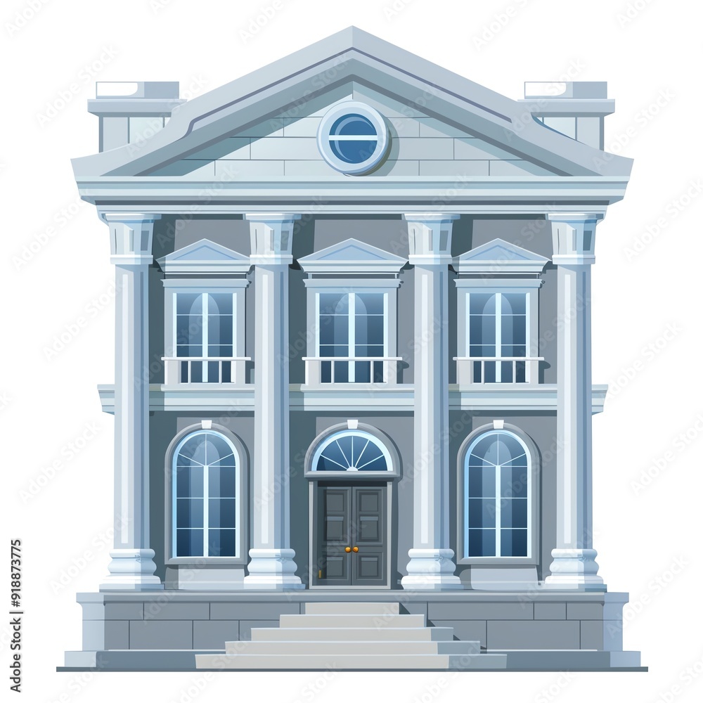 Front view of a classical building with pillars and multiple windows, featuring a central grand entrance. Ideal for design projects. Front view of a classical building with pillars and multiple windows, featuring a central grand entrance. Ideal for design projects.
