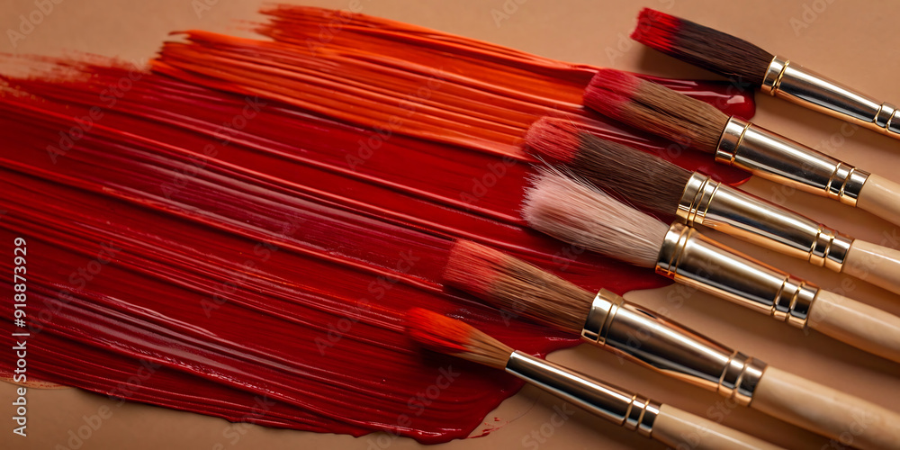 Obraz premium on a beige background red brush strokes of different sizes, paint brushes lie nearby