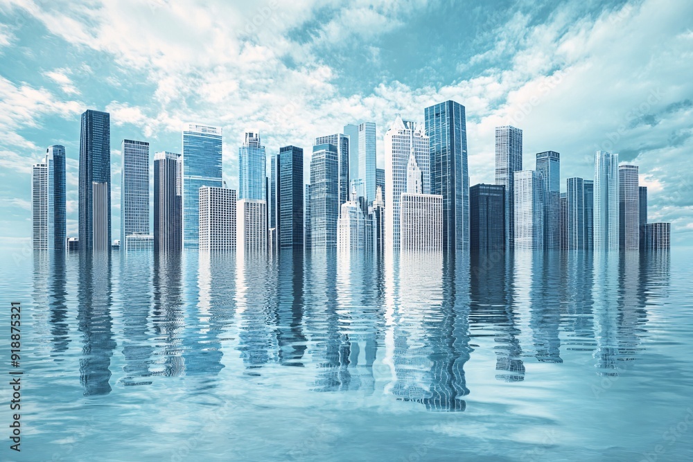 Fototapeta premium With the city skyline almost entirely underwater and only the skyscrapers visible above, this image illustrates the effects