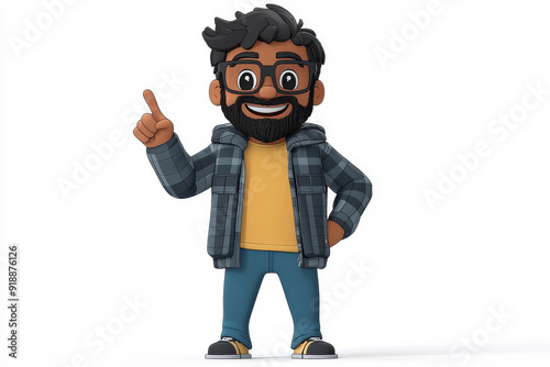 Happy smiling cartoon character man showing pointing finger standing confident on white background. Successful people male person concept