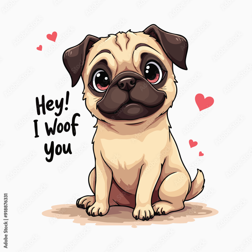 Naklejka premium Cute Pug Dog Vector Illustration Typography Saying Hey I Woof You, T-shirt design Pug Lovers Posters