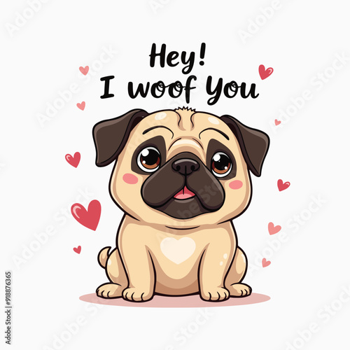 Cute Pug Dog Vector Illustration Typography Saying Hey I Woof You, T-shirt design Pug Lovers Posters