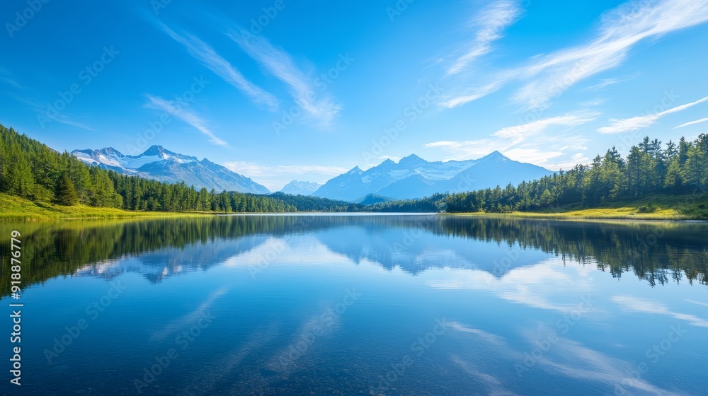 Fototapeta premium Mountain Lake with Forest and Clear Sky Reflection