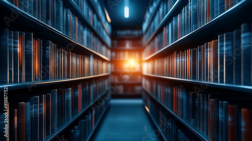 Dimly lit library aisle with bookshelves and warm light