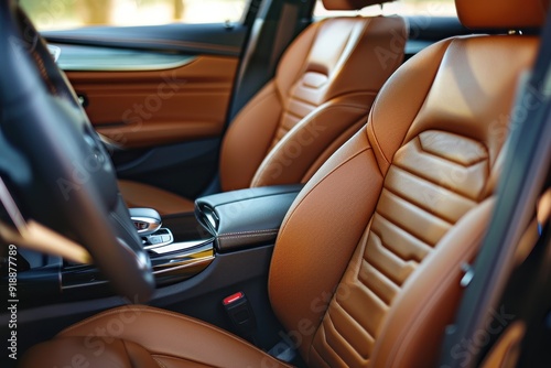 Brown leather car seat in a modern luxury car interior