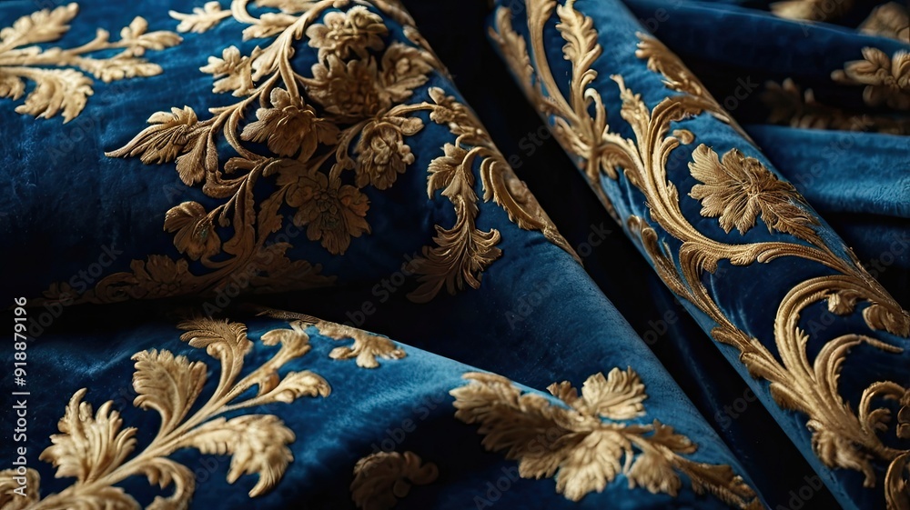 Blue Velvet Fabric with Gold Embroidered Background Design Blue Velvet Fabric with Gold Embroidered Background Design