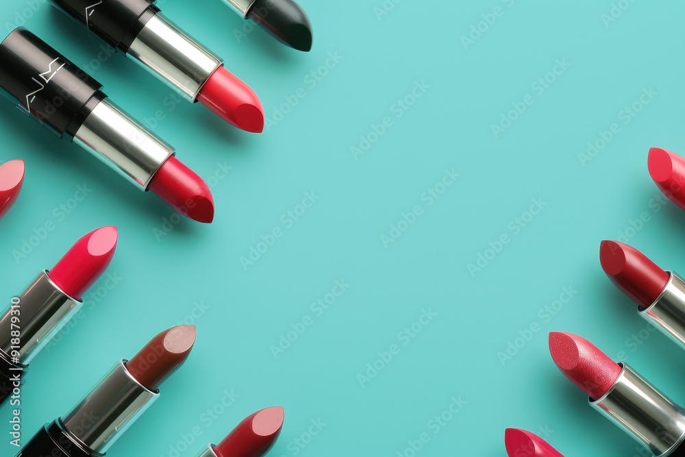 Clean lipsticks on blue background top view Clean lipsticks on blue background top view